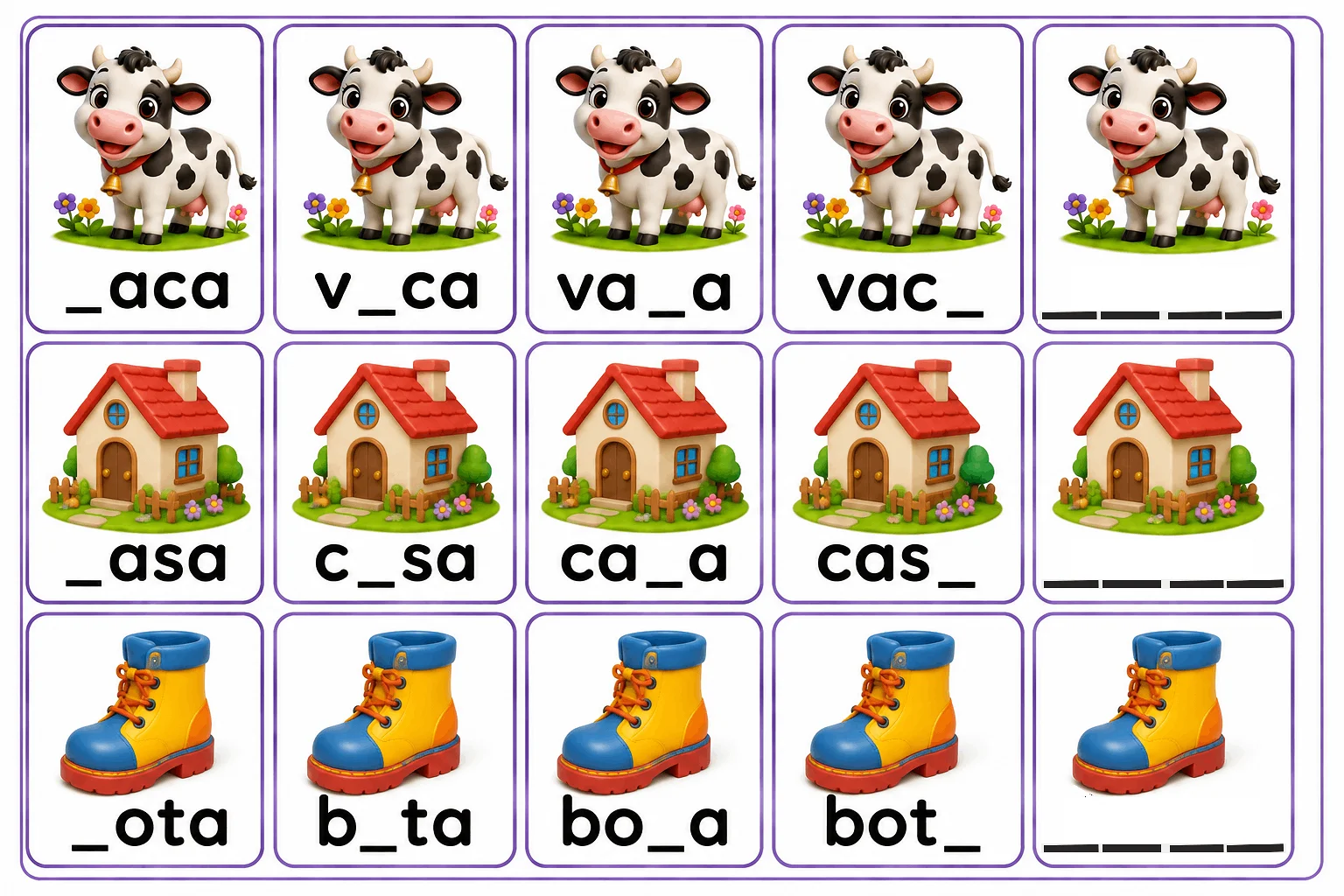 Tarjetas imprimibles de actividad para aprender dictado vaca, casa,bota