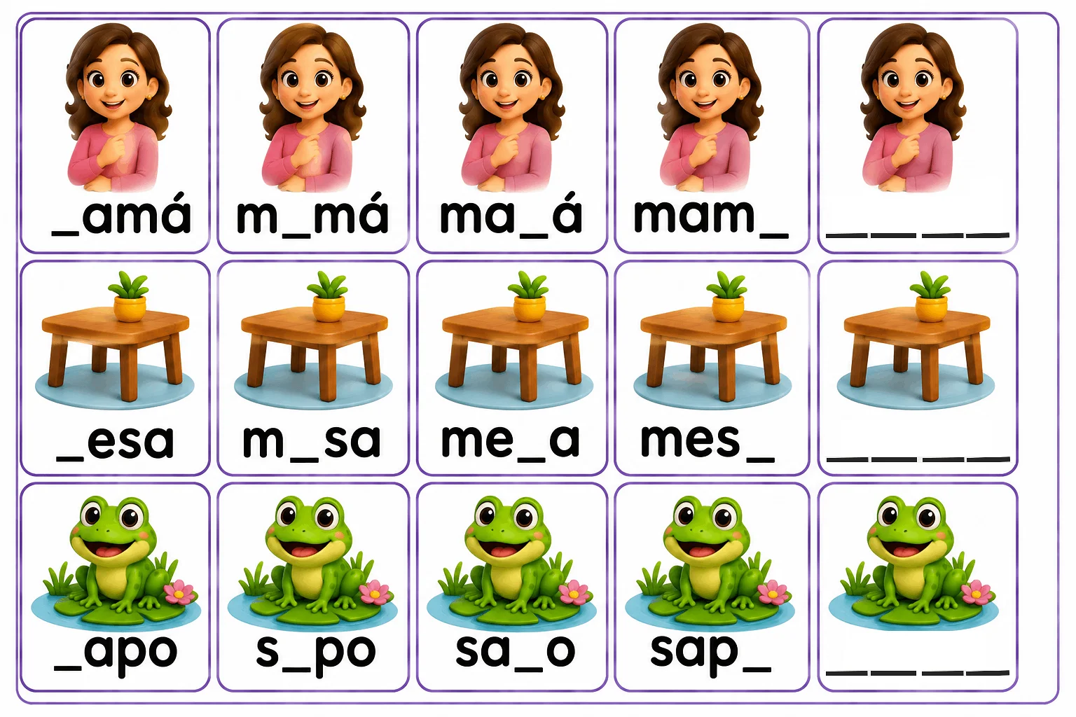 Tarjetas imprimibles de actividad para aprender dictado mamá, mesa, sapo