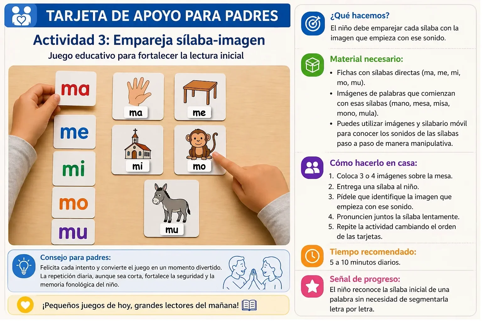 Actividad de emparejar silaba-imagen para iniciar la lectura en niños