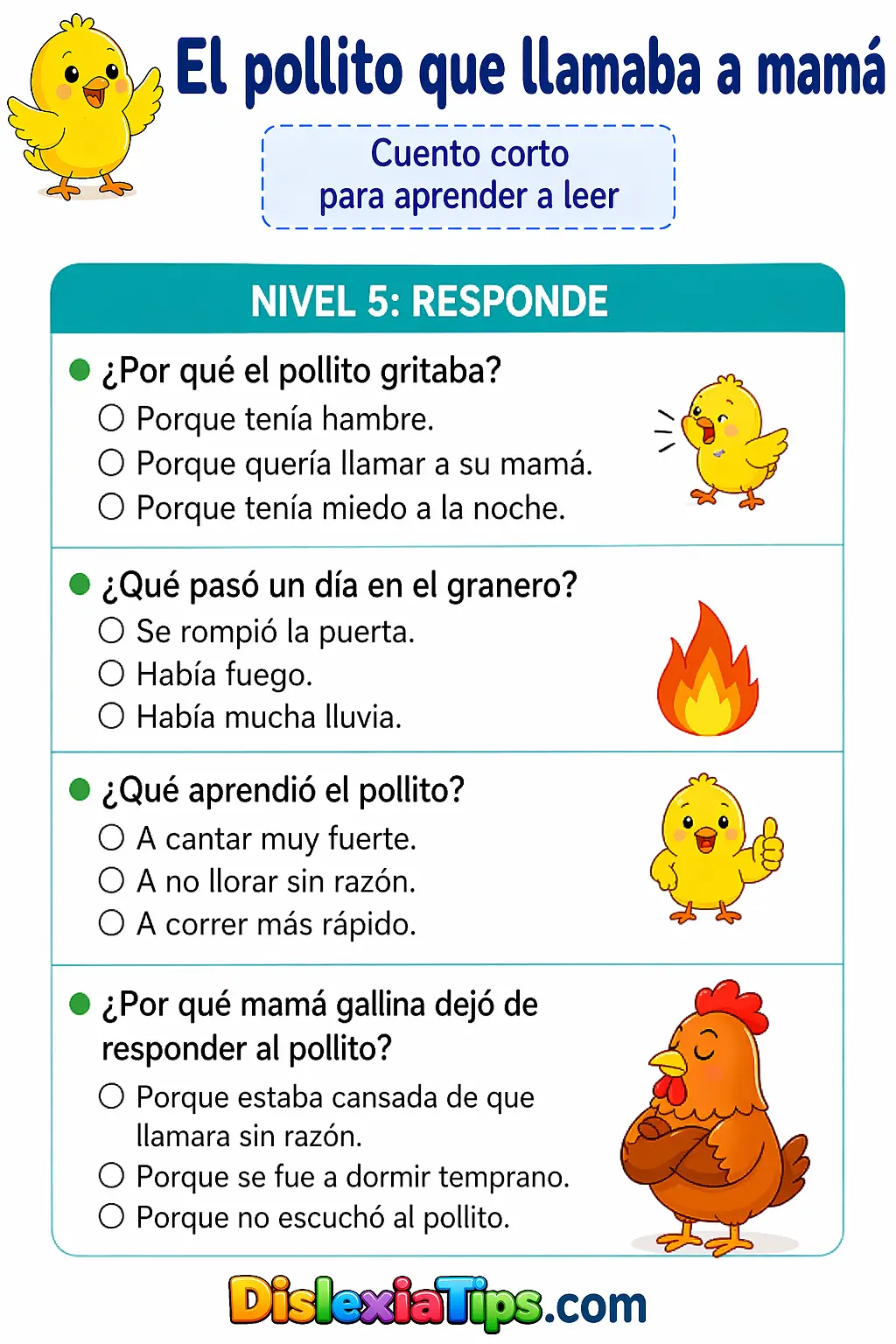 actividad comprensión lectora cuento el pollito que llamaba a mamá preguntas para niños lectura inicial
