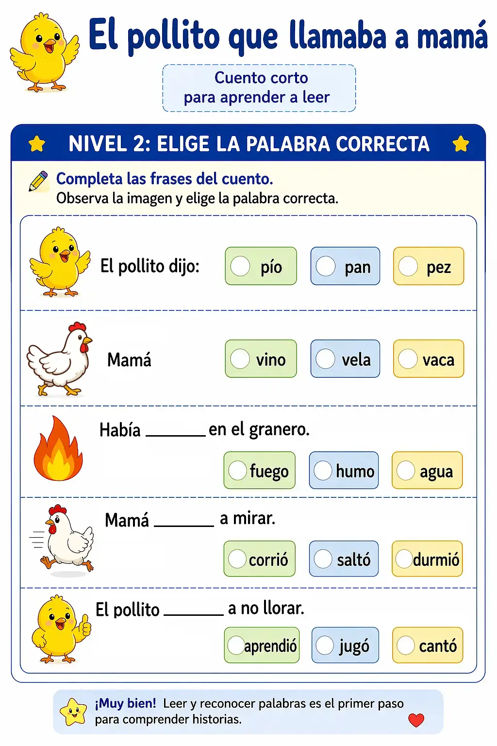 actividad elegir palabra correcta cuento pictográfico el pollito que llamaba a mamá