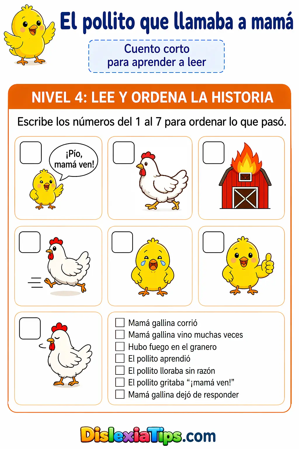 actividad ordenar historia lectura inicial cuento infantil para niños con dificultades lectoras dislexia primeros lectores