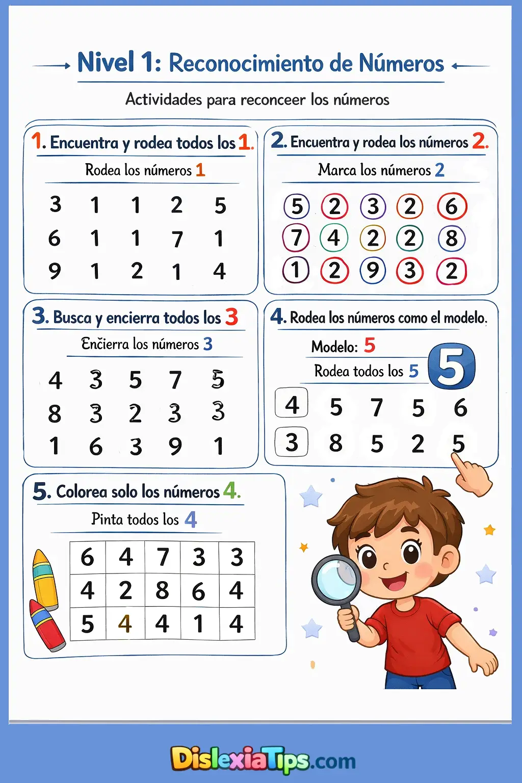 Actividad imprimible para reconocimiento visual de números en niños con dislexia del número