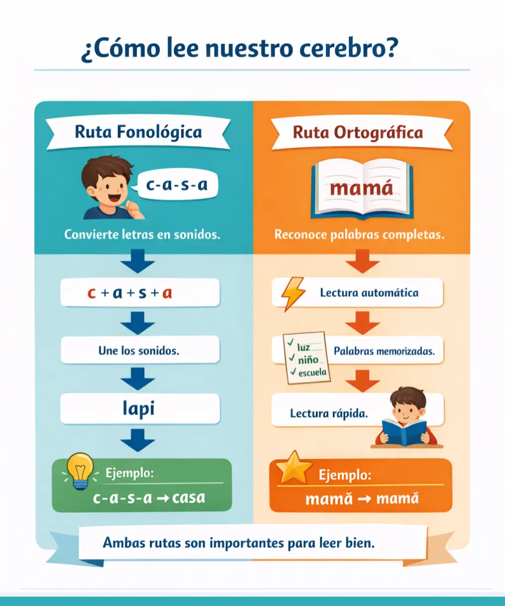 Infografía sobre cómo funciona la lectura en el cerebro según el modelo de las dos rutas: ruta fonológica y ruta ortográfica