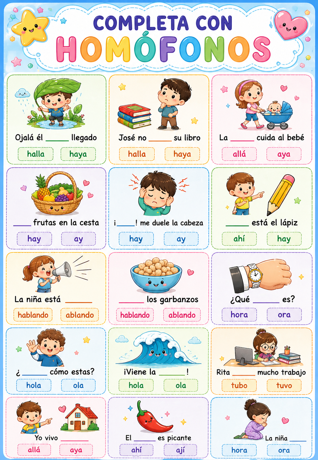 Ejercicios con palabras homófonas para niños: completar oraciones con hola-ola, haya-halla, ahí-hay para dislexia visual de superficie