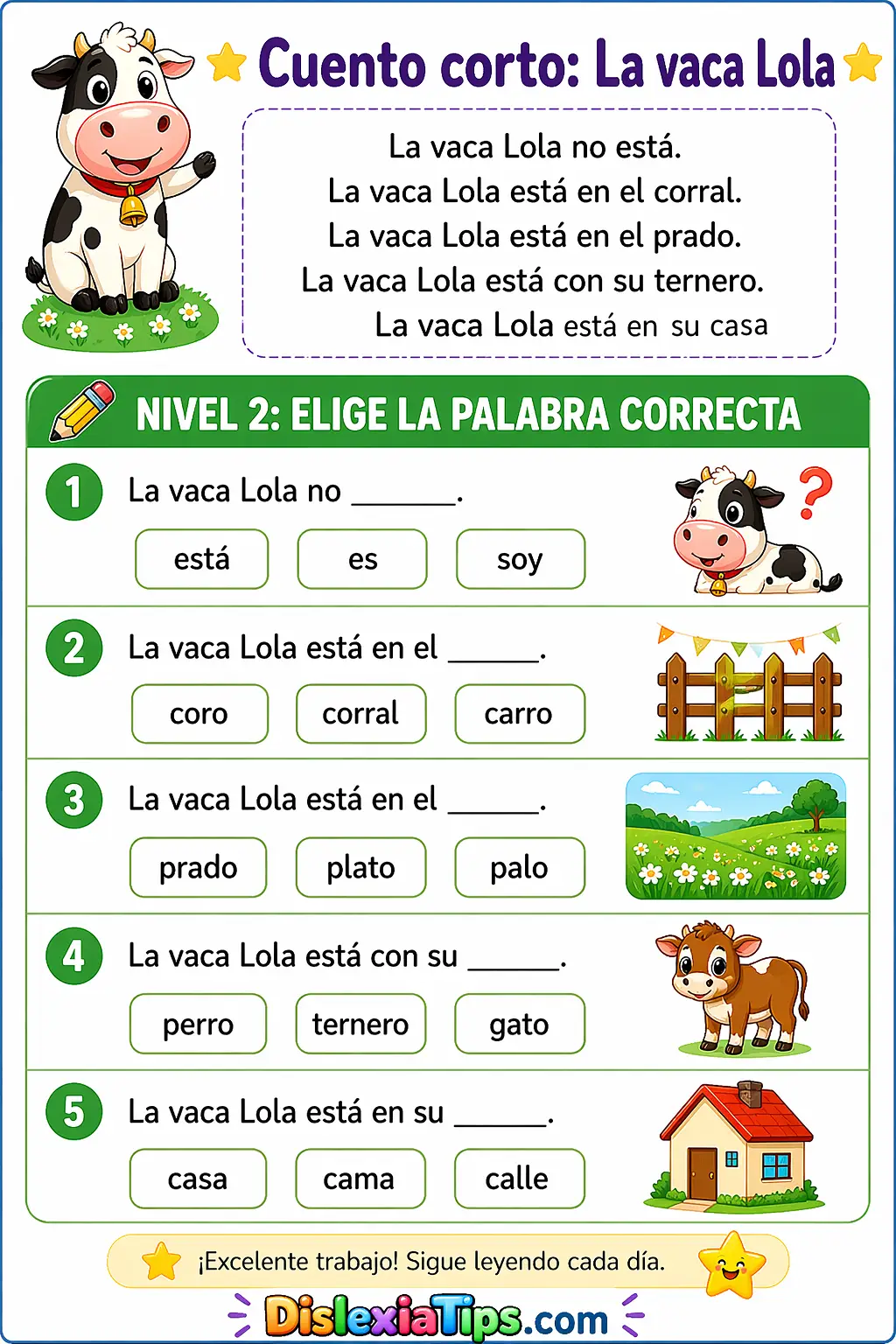 Cuento corto la vaca lola lectura inicial con apoyo visual para niños con dislexia y primeros lectores