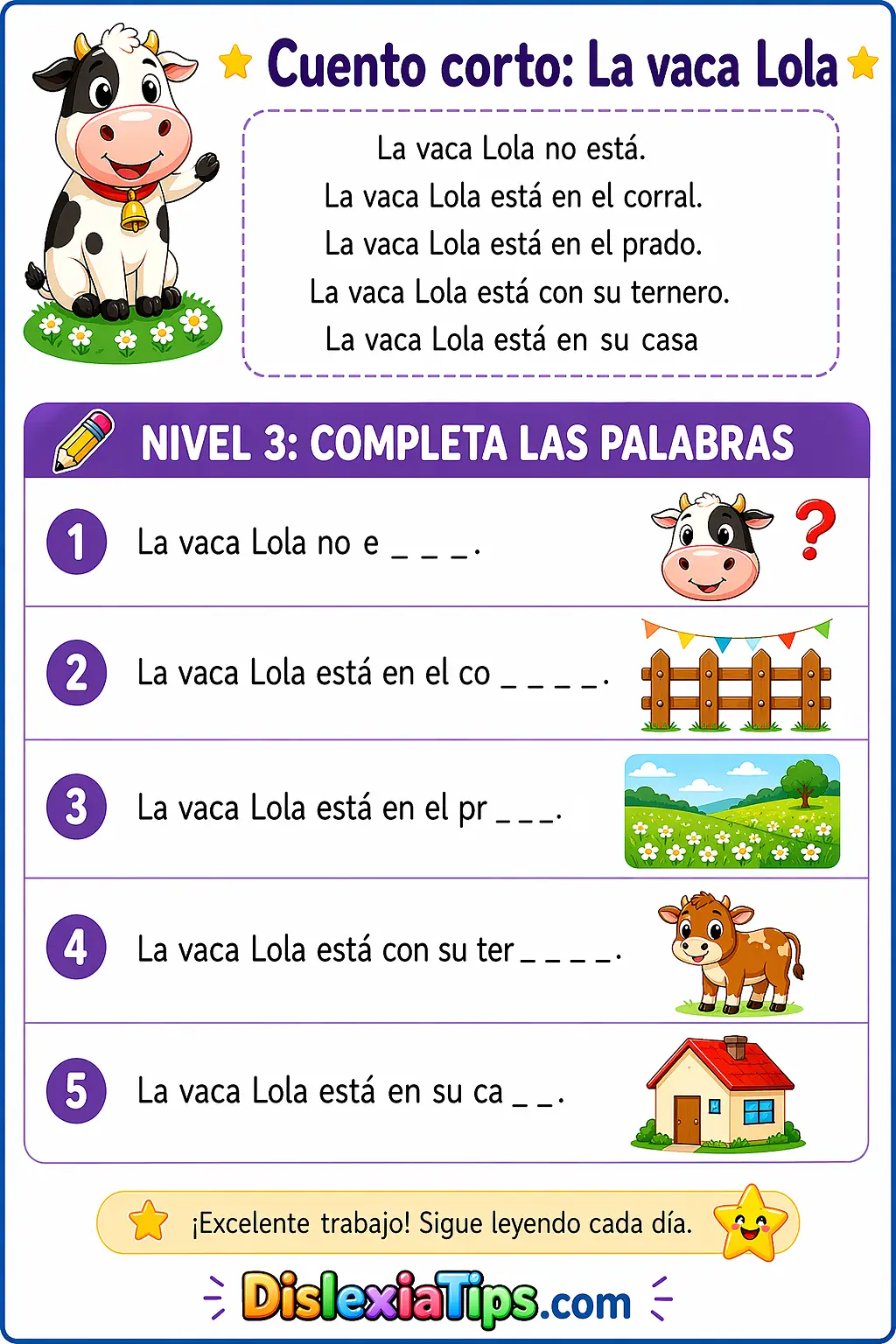 actividad completar palabras cuento corto la vaca lola lectura inicial nivel 3 para niños con dislexia y primeros lectores