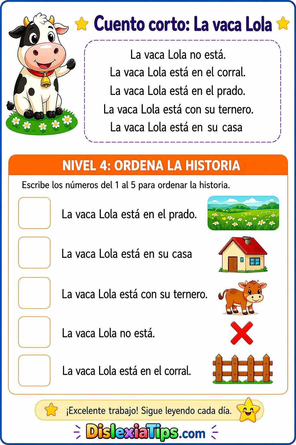 Actividad ordenar la historia cuento corto la vaca lola nivel 4 lectura inicial para niños con dislexia y primeros lectores