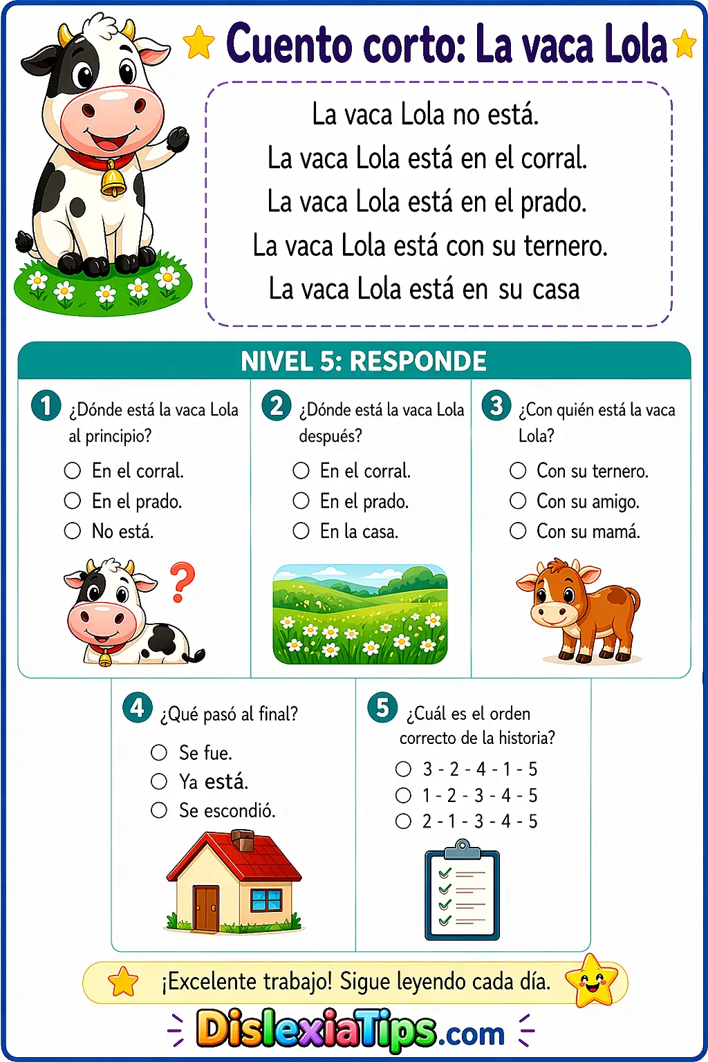 Actividad comprensión lectora cuento corto la vaca lola nivel 5 preguntas para niños con dislexia y primeros lectores