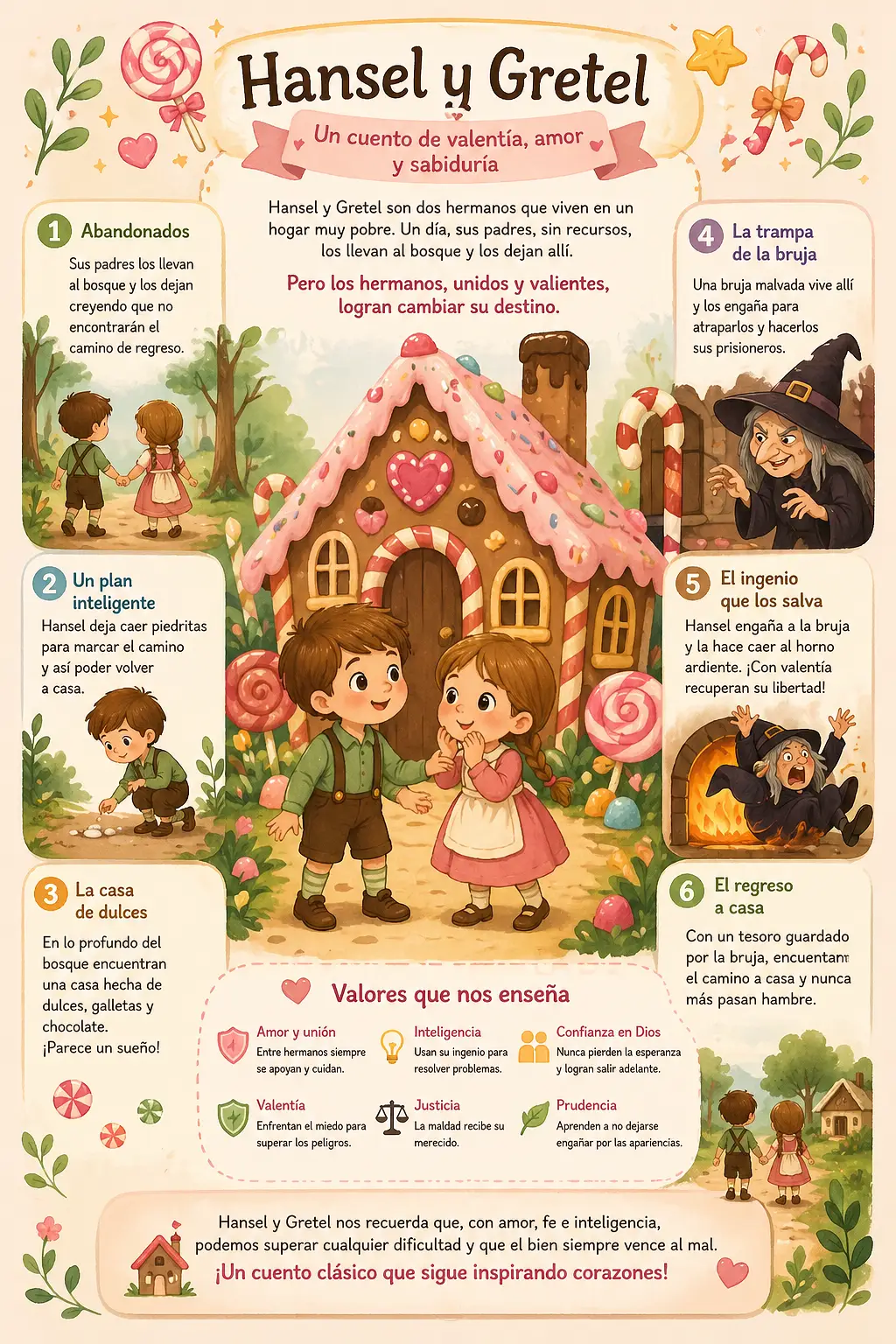 Cuento infantil de Hansel y Gretel con valores universales para niños ilustrado en tarjeta educativa