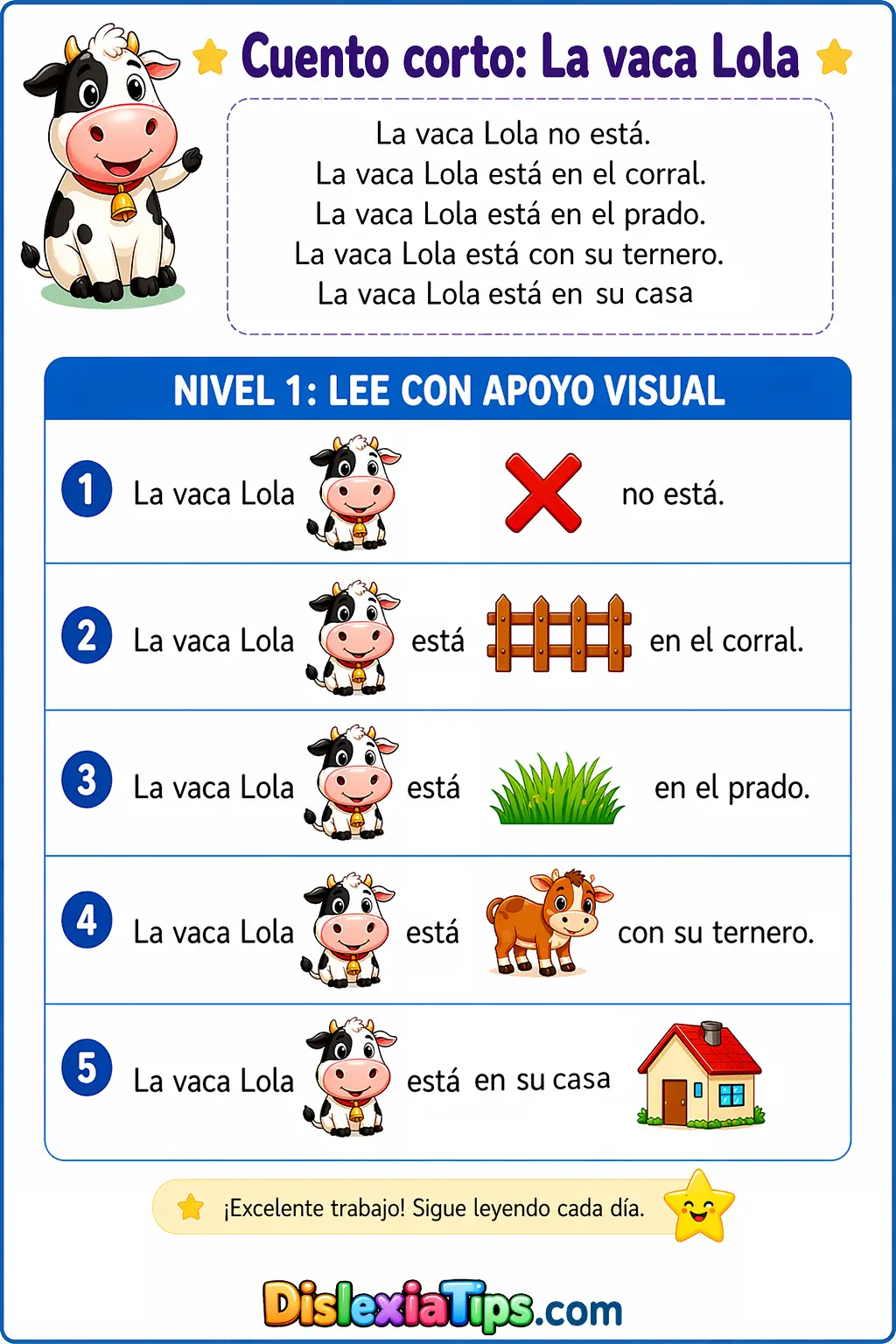 cuento pictografico la vaca lola lectura inicial con apoyo visual para niños con dislexia y primeros lectores