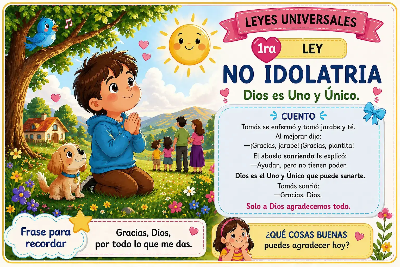 Tarjeta infantil cuentos de valores ley universal 1 no idolatria para enseñar gratitud al creador 