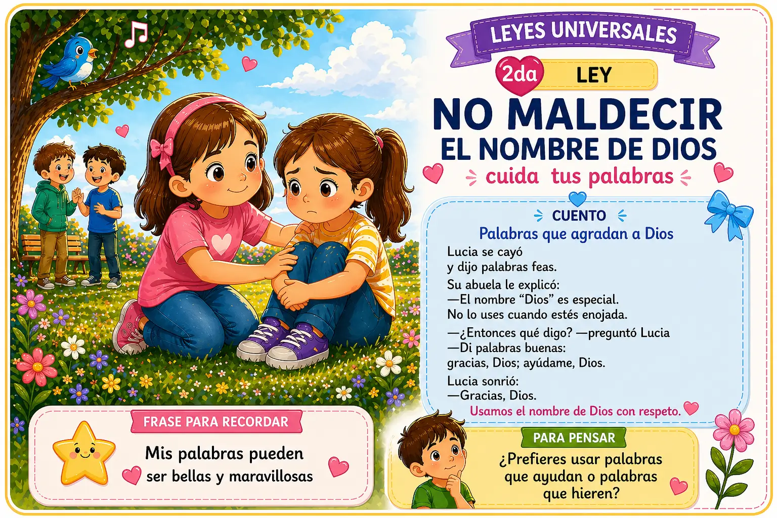 Tarjeta infantil cuentos de valores ley universal 2 no maldecir para enseñar respeto al Creador