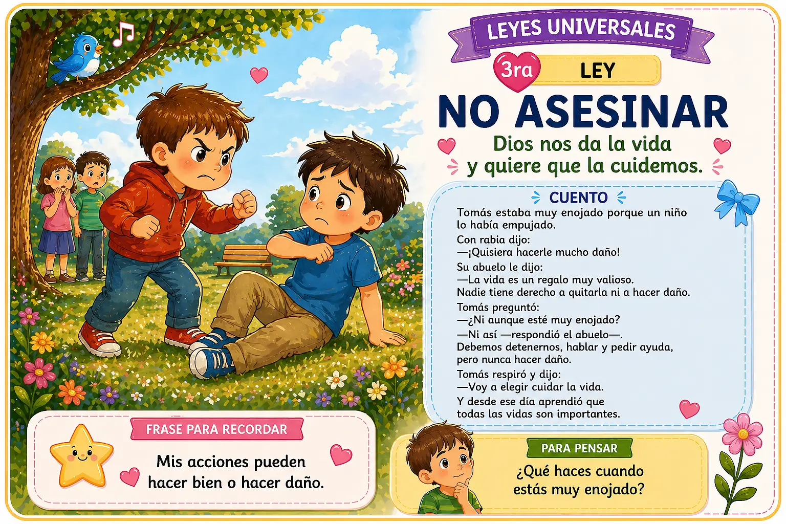 Tarjeta infantil cuentos de valores ley universal 3 no asesinar para enseñar a niños leyes del Creador