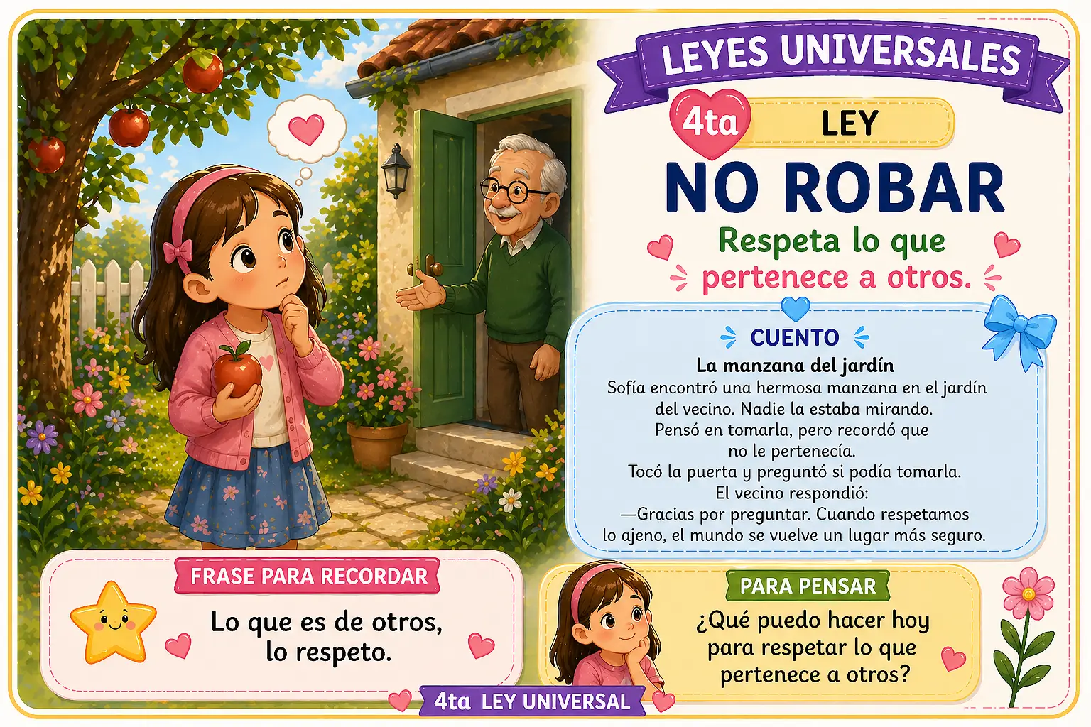 Tarjeta infantil cuentos de valores ley universal 4 no robar para enseñar a niños ley del Creador