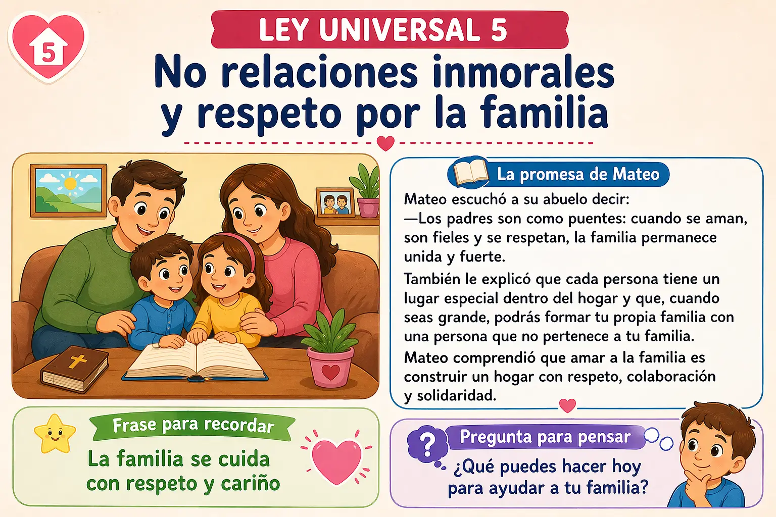 Tarjeta infantil cuentos de valores ley universal 5 no inmoralidad relaciones familia para enseñar a niños ley del Creador