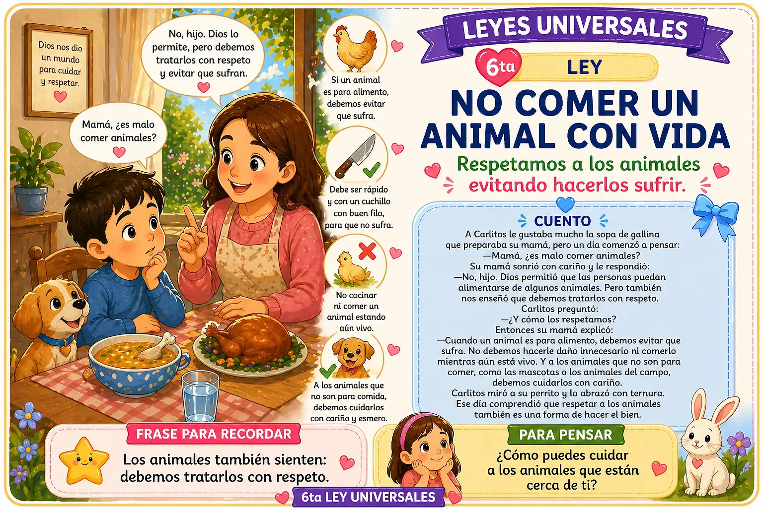 Tarjeta infantil cuentos de valores ley universal 6 no comer animal con vida para enseñar a niños