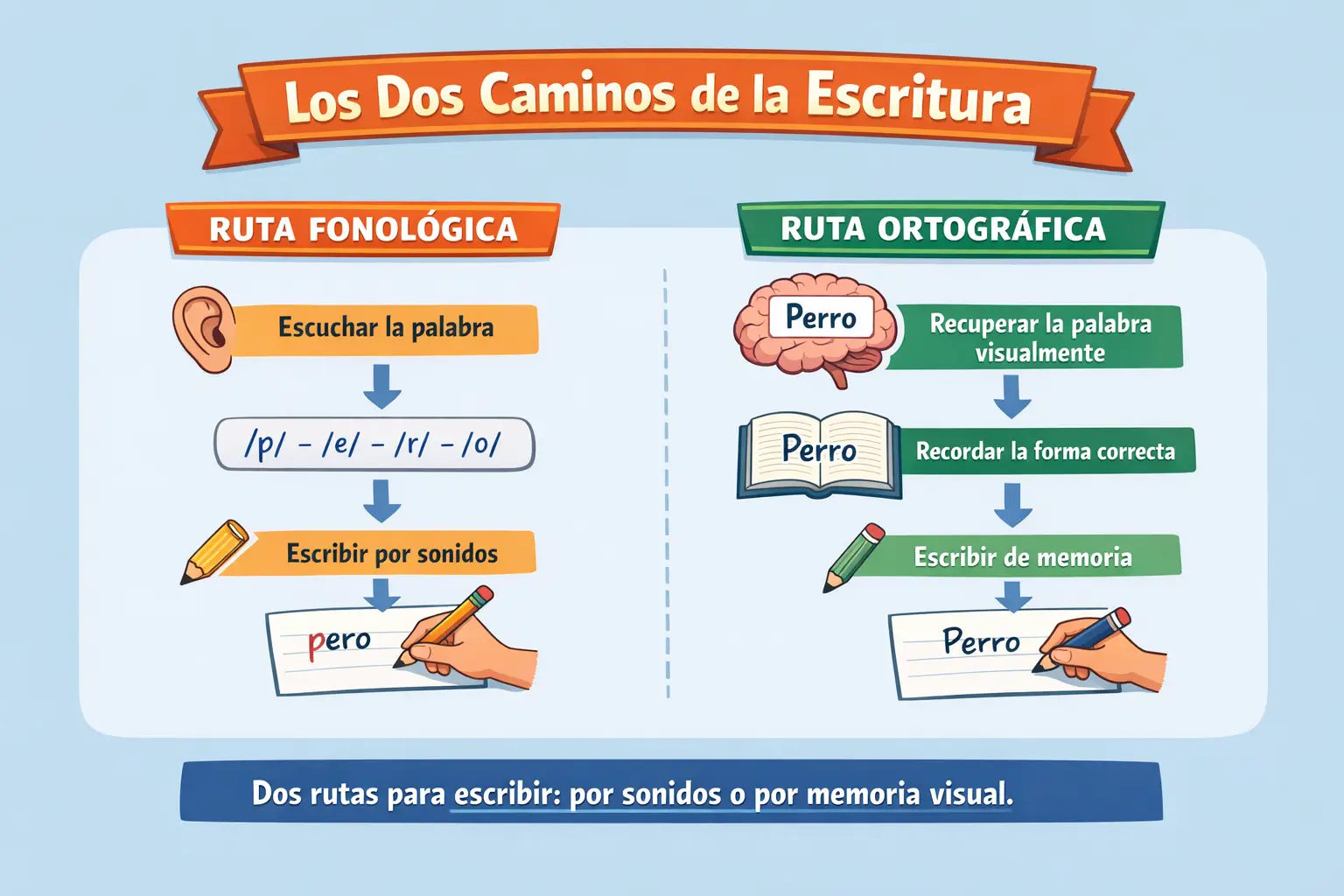 Diagrama del modelo de las dos rutas en la escritura: ruta fonológica y ruta ortográfica