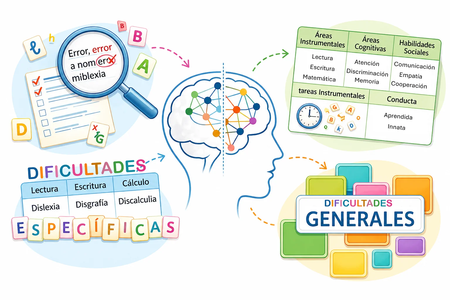 Clasificación de las dificultades específicas y generales del aprendizaje con ejemplos en lectura escritura cálculo y áreas cognitivas