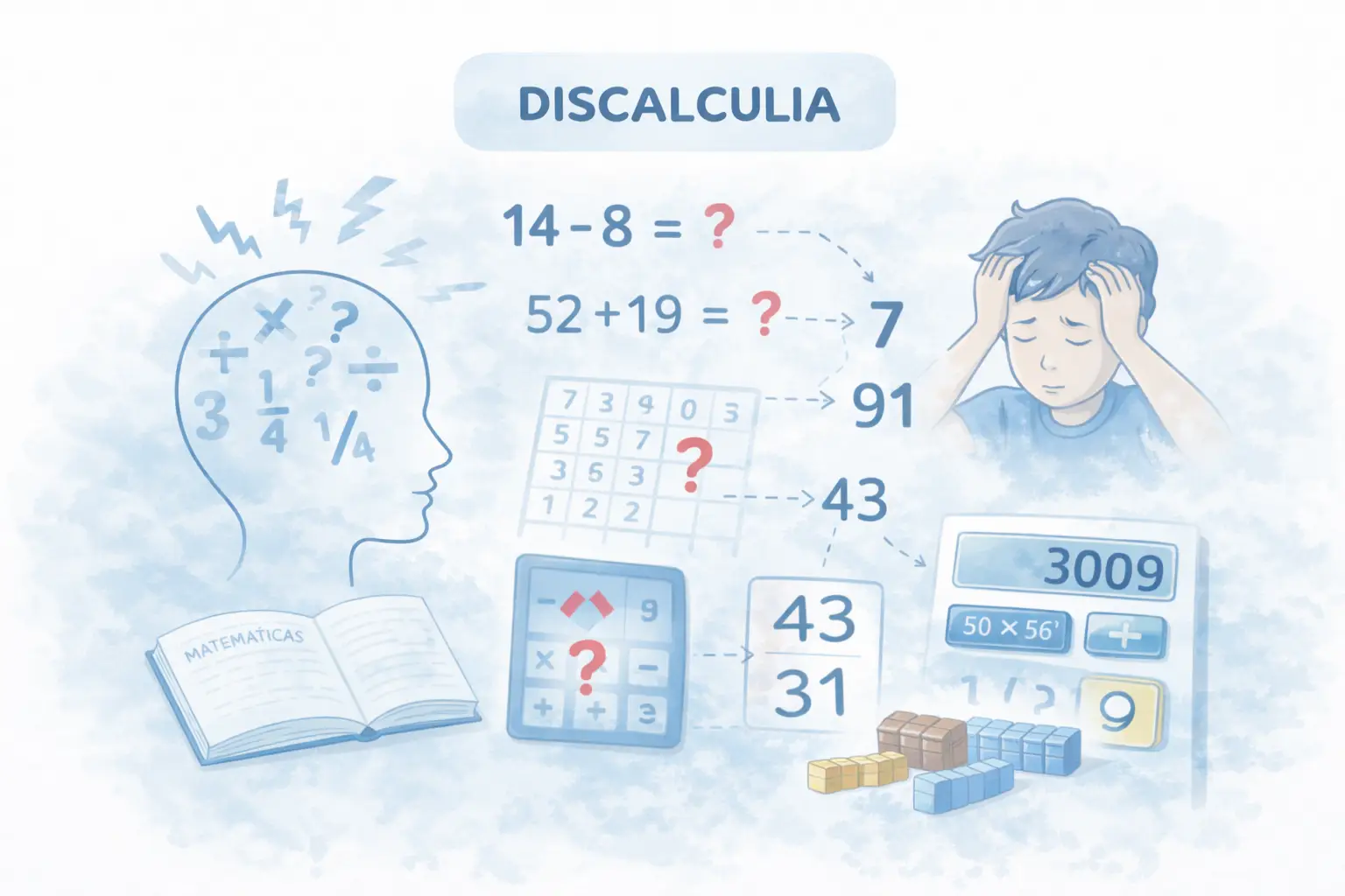Niño con discalculia mostrando dificultades con números y operaciones matemáticas