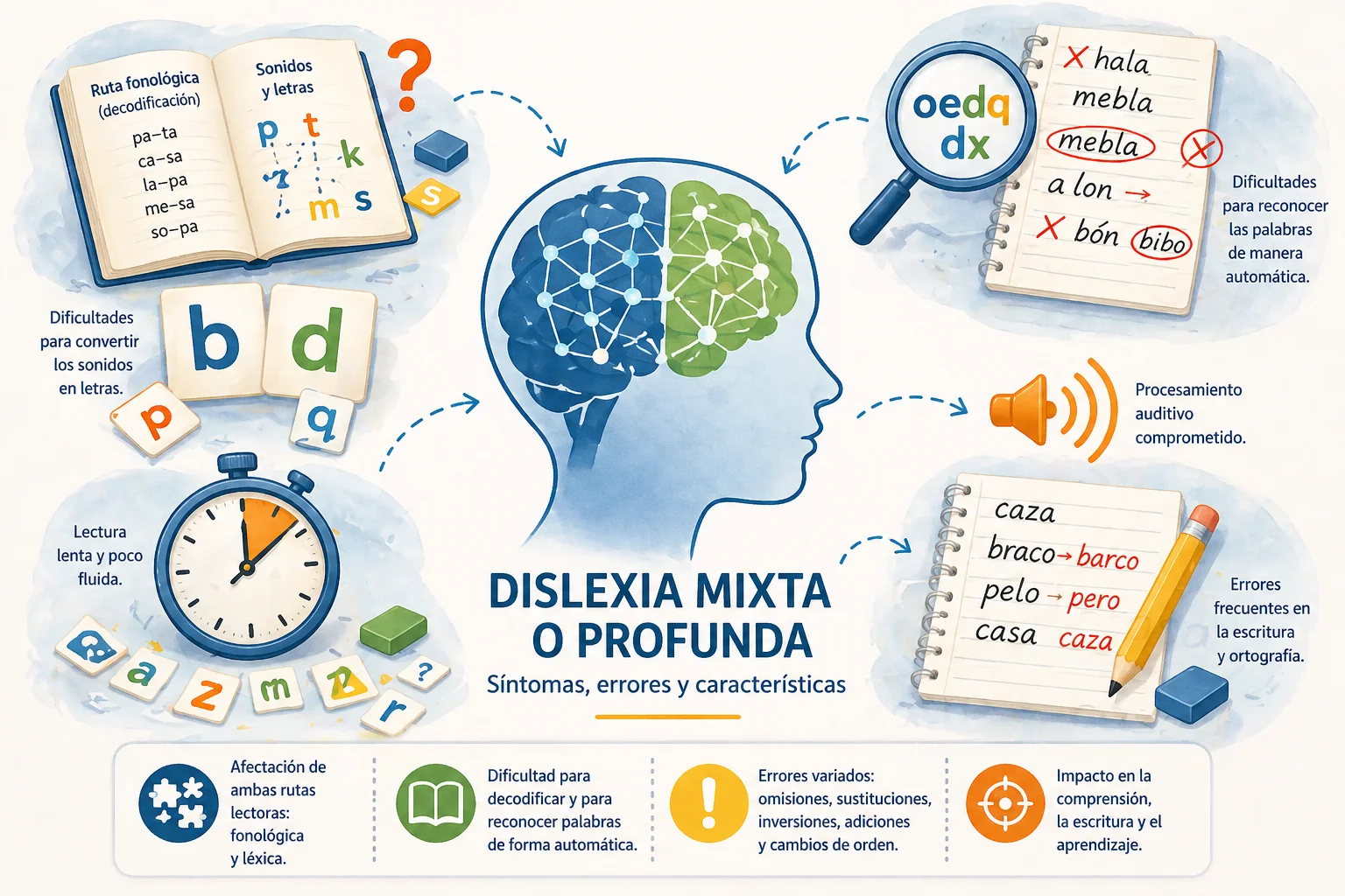 Dislexia mixta o profunda: síntomas, errores y alteración de las rutas de lectura
