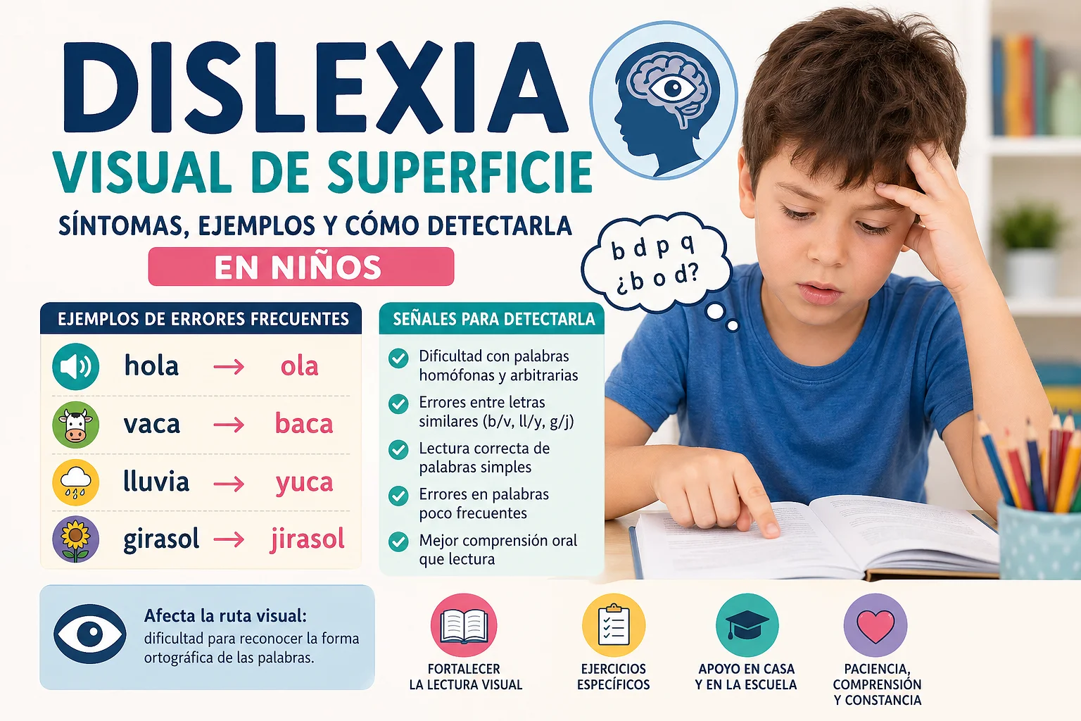 Dislexia visual de superficie en niños: síntomas, errores como hola-ola y vaca-baca y señales para detectarla