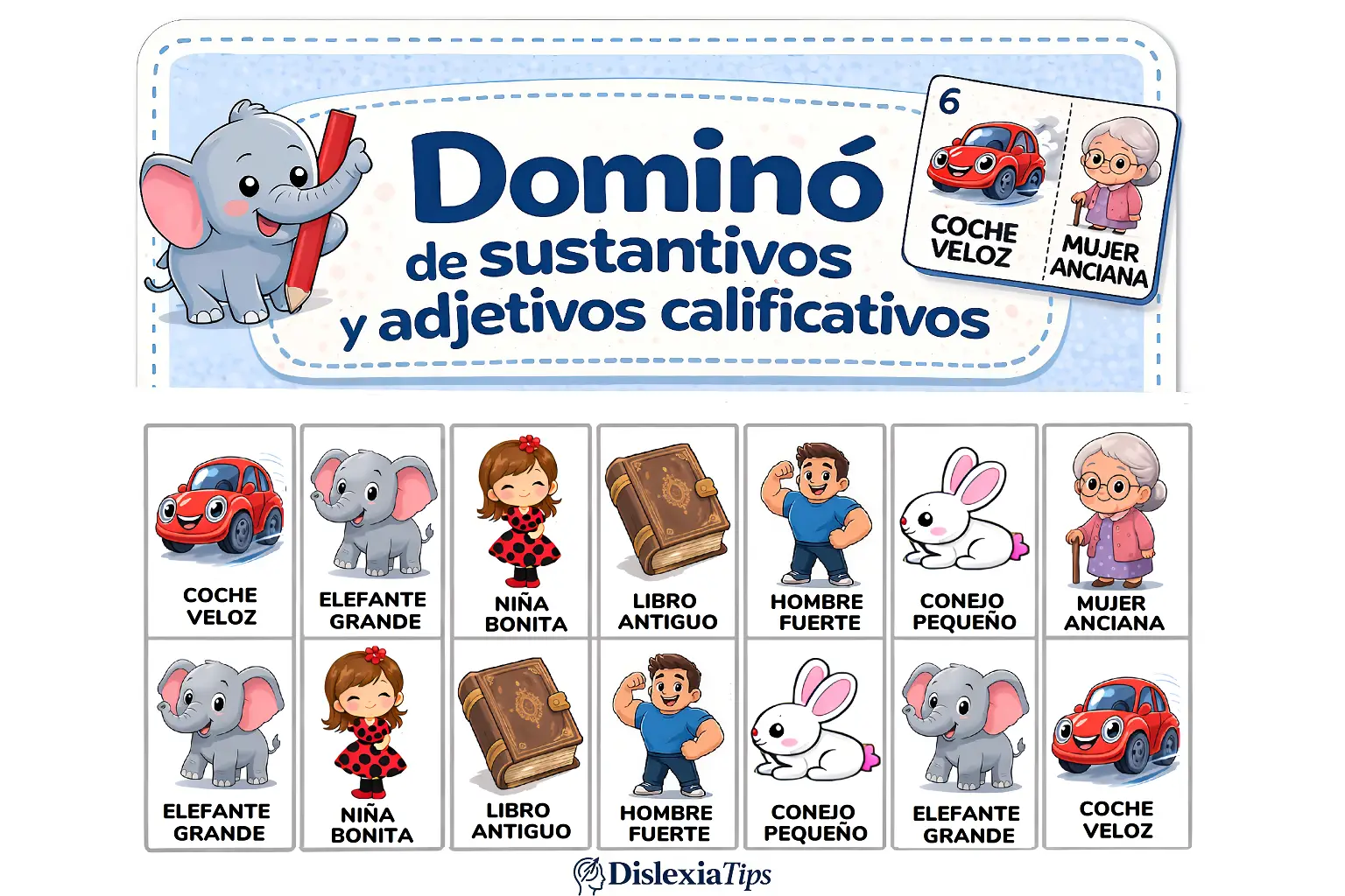 fichas de dominó con frases de sustantivos y adjetivos calificativos imprimibles