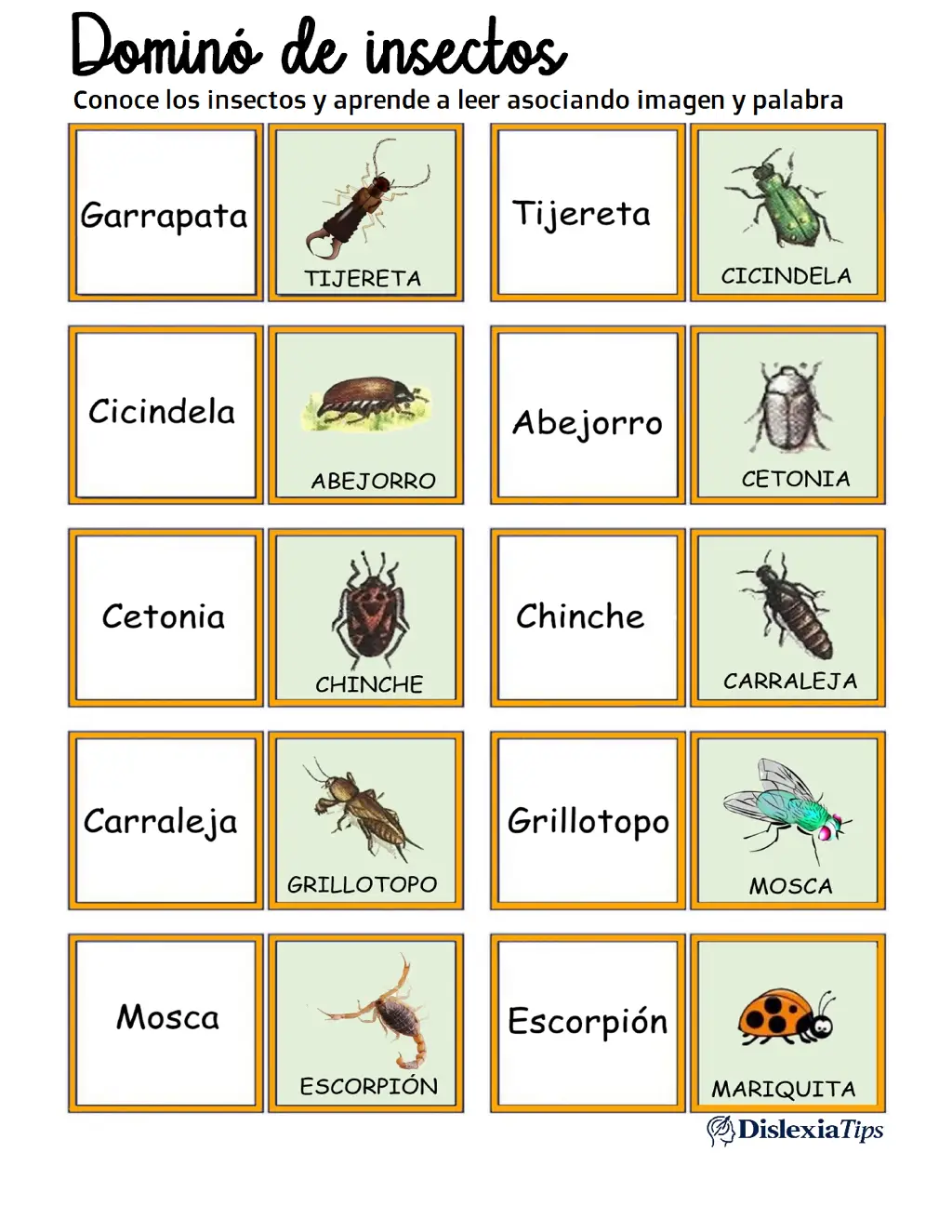 Dominó educativo de insectos para aprender a leer