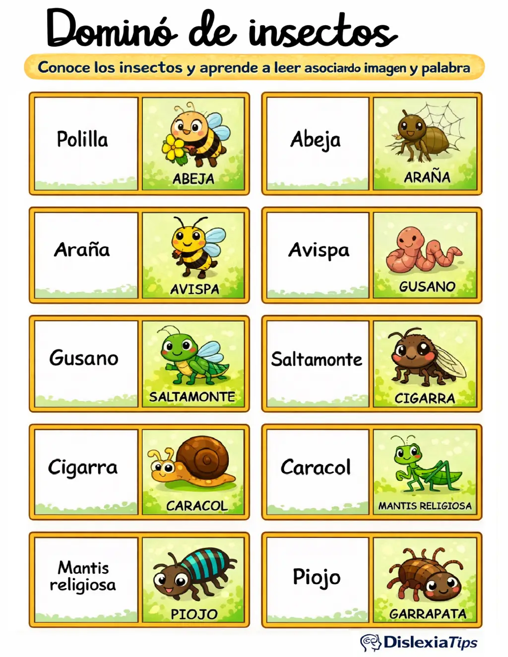 Dominó de insectos infantil para aprender a leer asociando imagen y palabra
