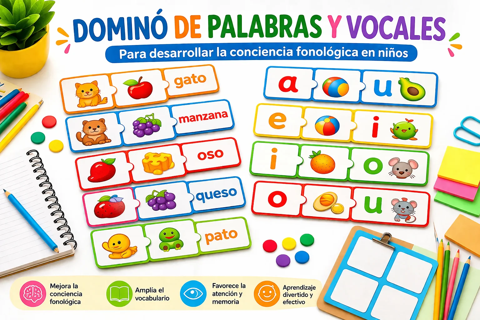 Dominó de palabras y vocales para desarrollar la conciencia fonológica en niños