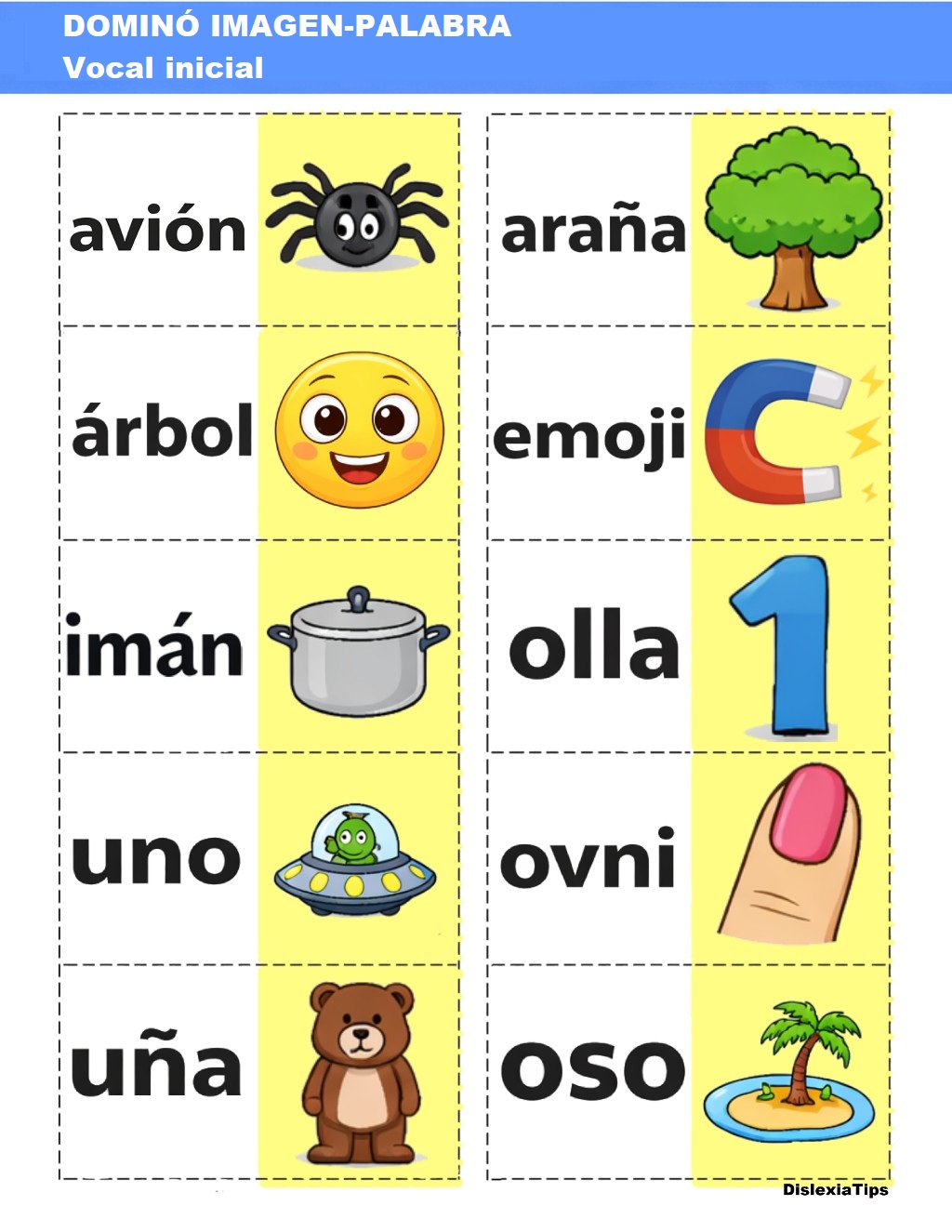 Dominó educativo imagen palabra con vocal inicial para lectura