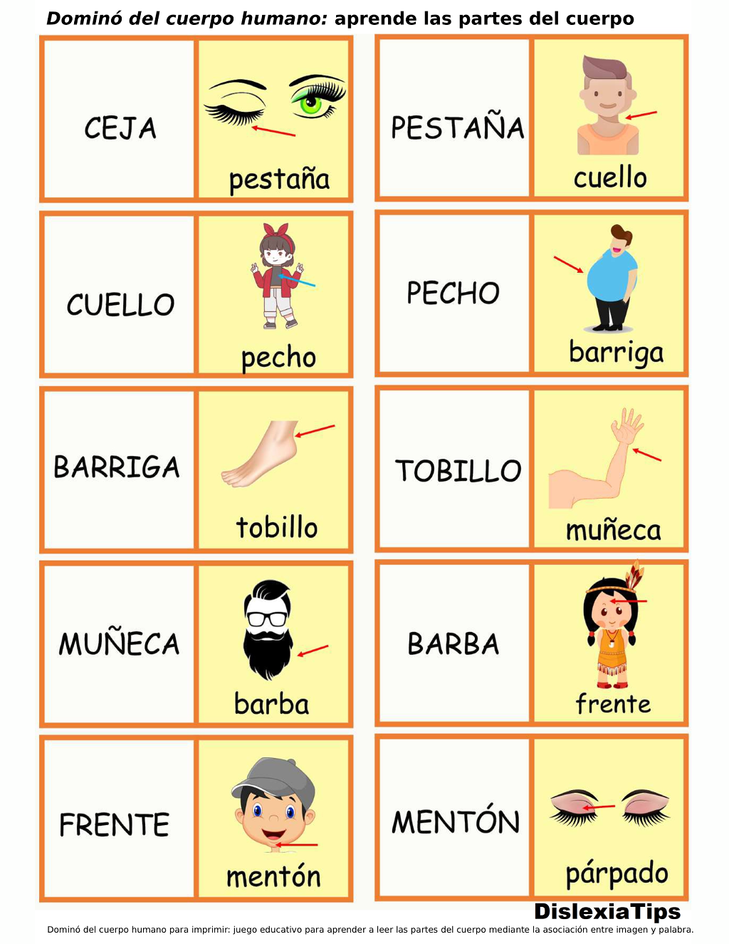 Dominó de partes del cuerpo humano para aprender a leer y vocabulario