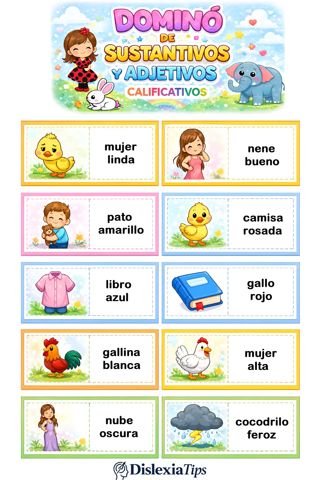 dominó de sustantivos y adjetivos calificativos para niños material imprimible