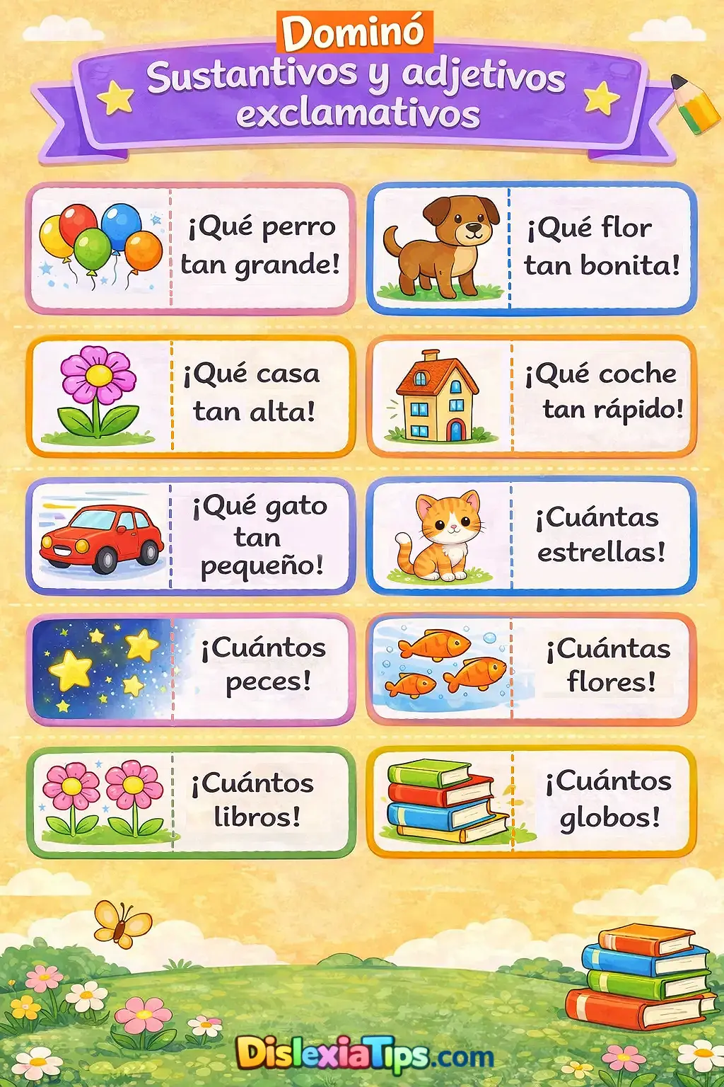 Dominó de sustantivos y adjetivos exclamativos material imprimible para niños de primaria