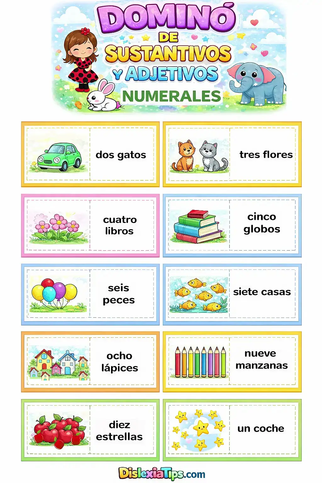 Dominó de sustantivos y adjetivos numerales imprimible para aprender cantidades