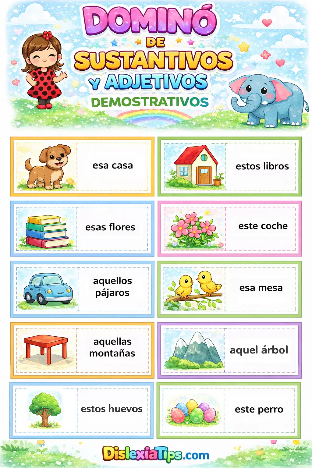 dominó de sustantivos y adjetivos demostrativos para niños material imprimible primaria