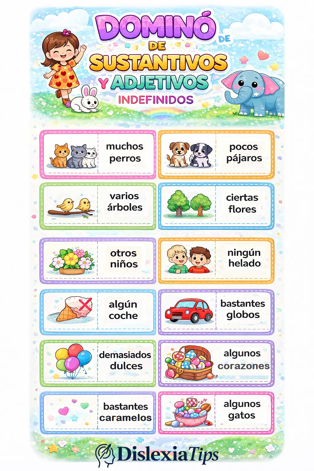 dominó de sustantivos y adjetivos indefinidos para niños material imprimible