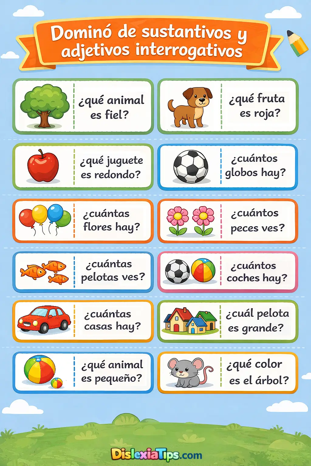 Dominó de sustantivos y adjetivos interrogativos material imprimible para niños