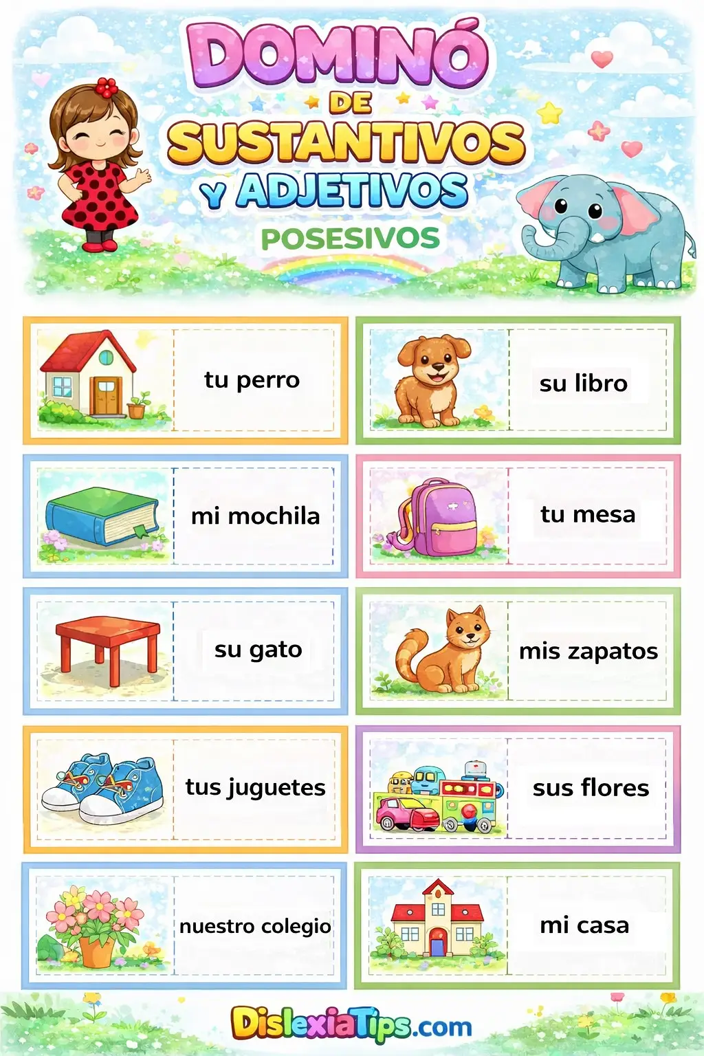 dominó de sustantivos y adjetivos posesivos para niños material imprimible primaria