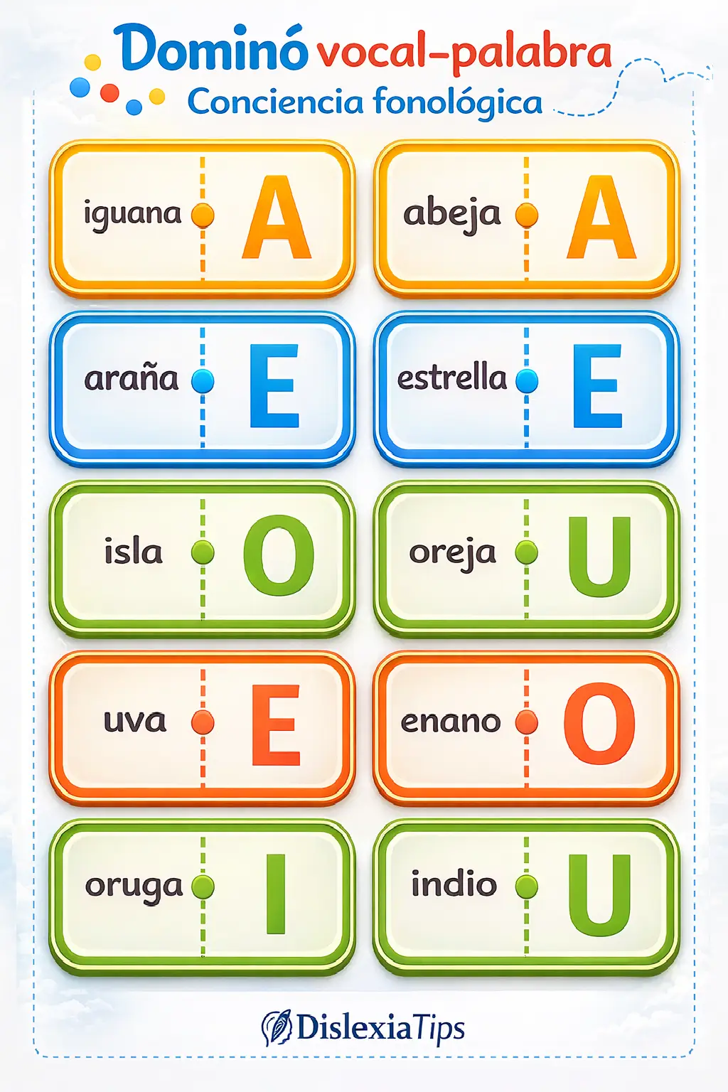 dominó vocal palabra para desarrollar la conciencia fonológica y reconocer sonidos iniciales en niños