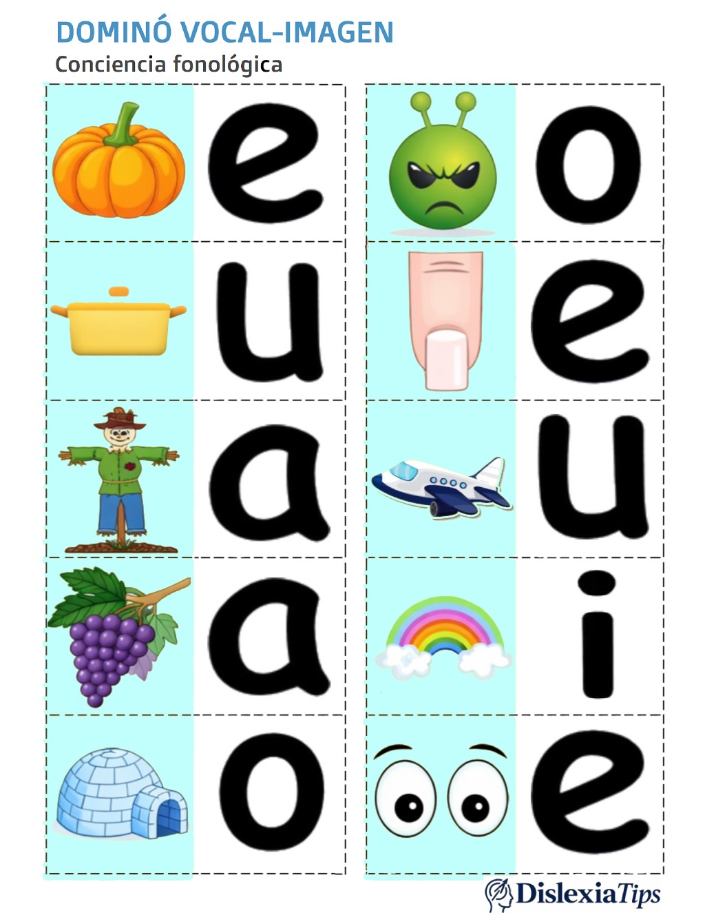 Dominó educativo de vocales con imágenes infantiles para trabajar sonidos iniciales
