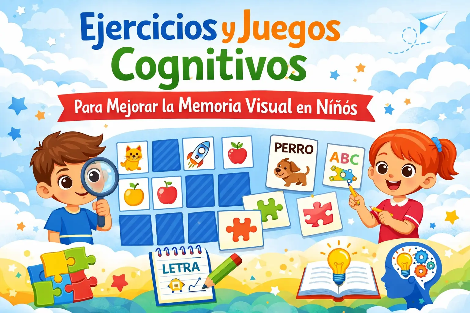 Ejercicios y juegos cognitivos para mejorar la memoria visual en niños con actividades de emparejamiento y reconocimiento de palabras