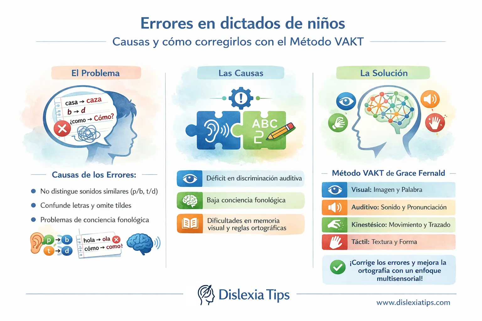 Errores en dictados de niños: causas y cómo corregirlos con el método VAKT de Fernald