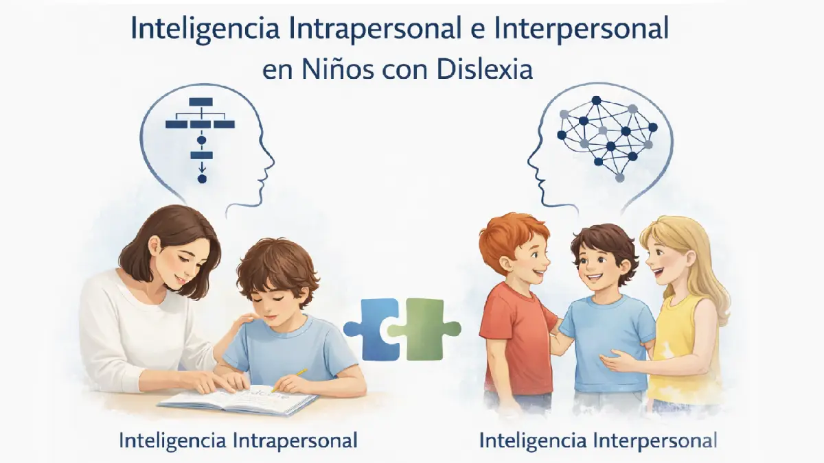 Ilustración sobre inteligencia intrapersonal e interpersonal en niños con dislexia fortaleciendo autoestima y habilidades sociales