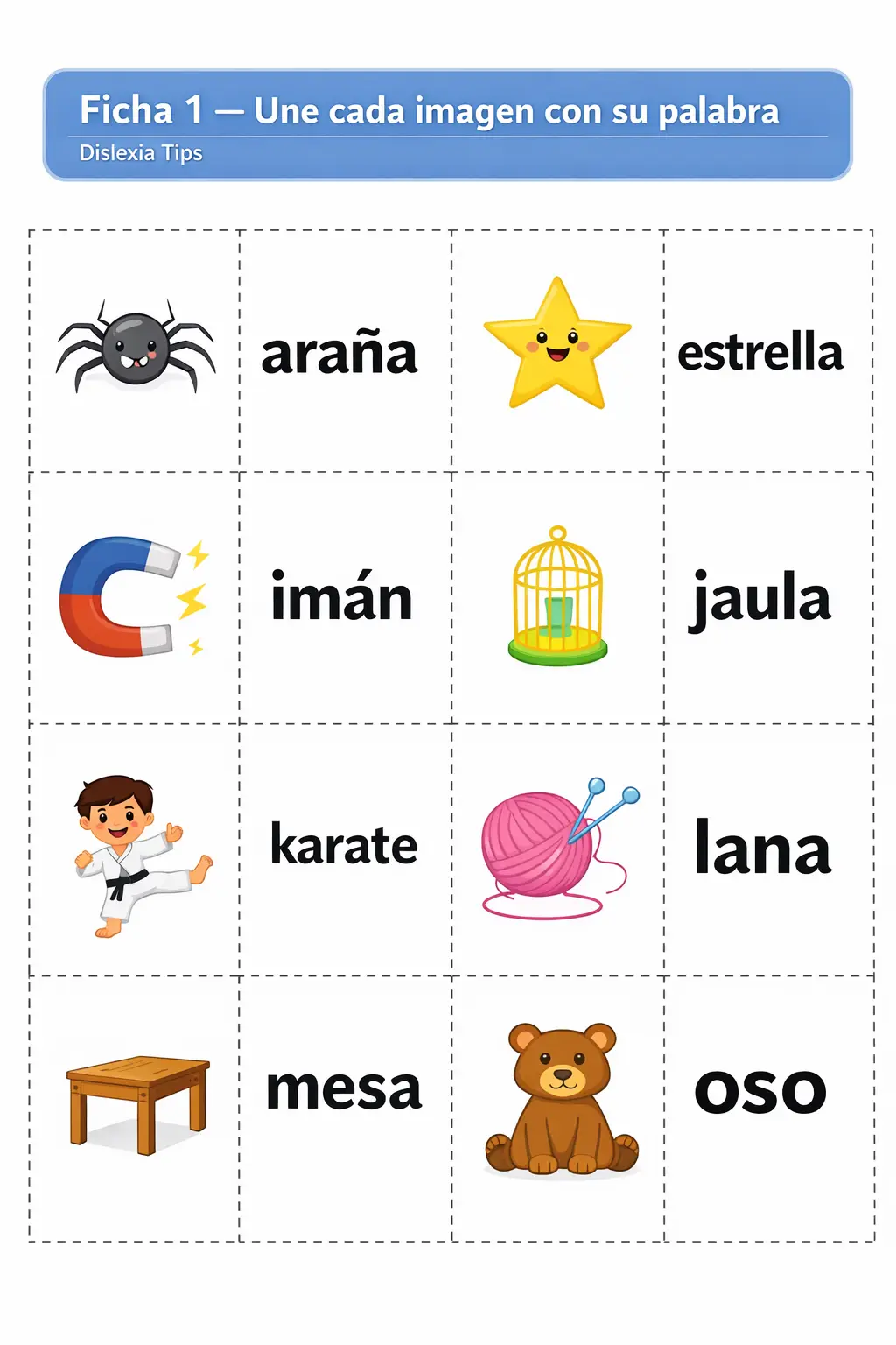fichas para emparejar imagen y palabra imprimibles para entrenar la ruta visual de lectura
