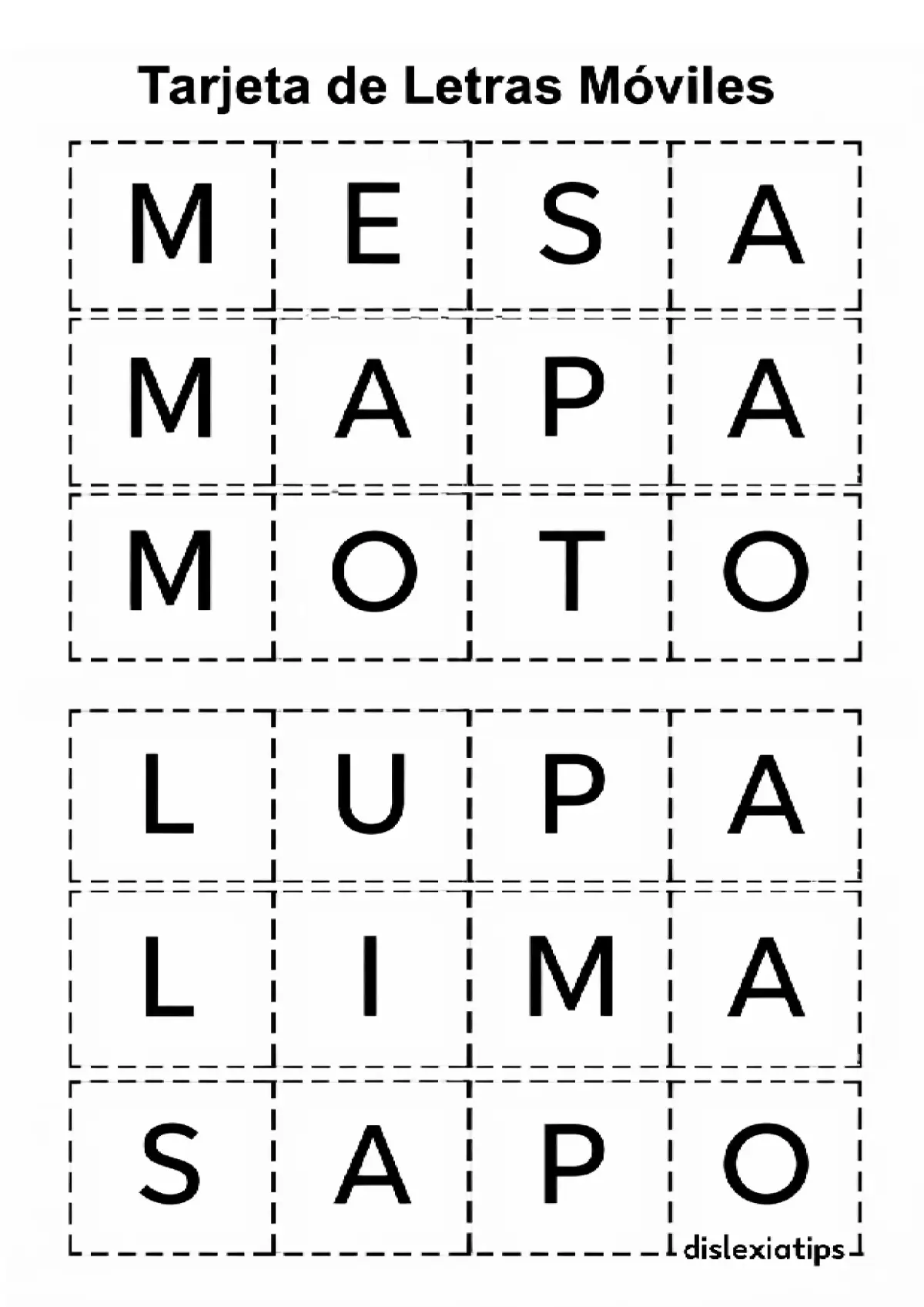 Letras móviles en mayúscula recortables para formar palabras mesa, mapa, moto,lupa, lima y sapo.
