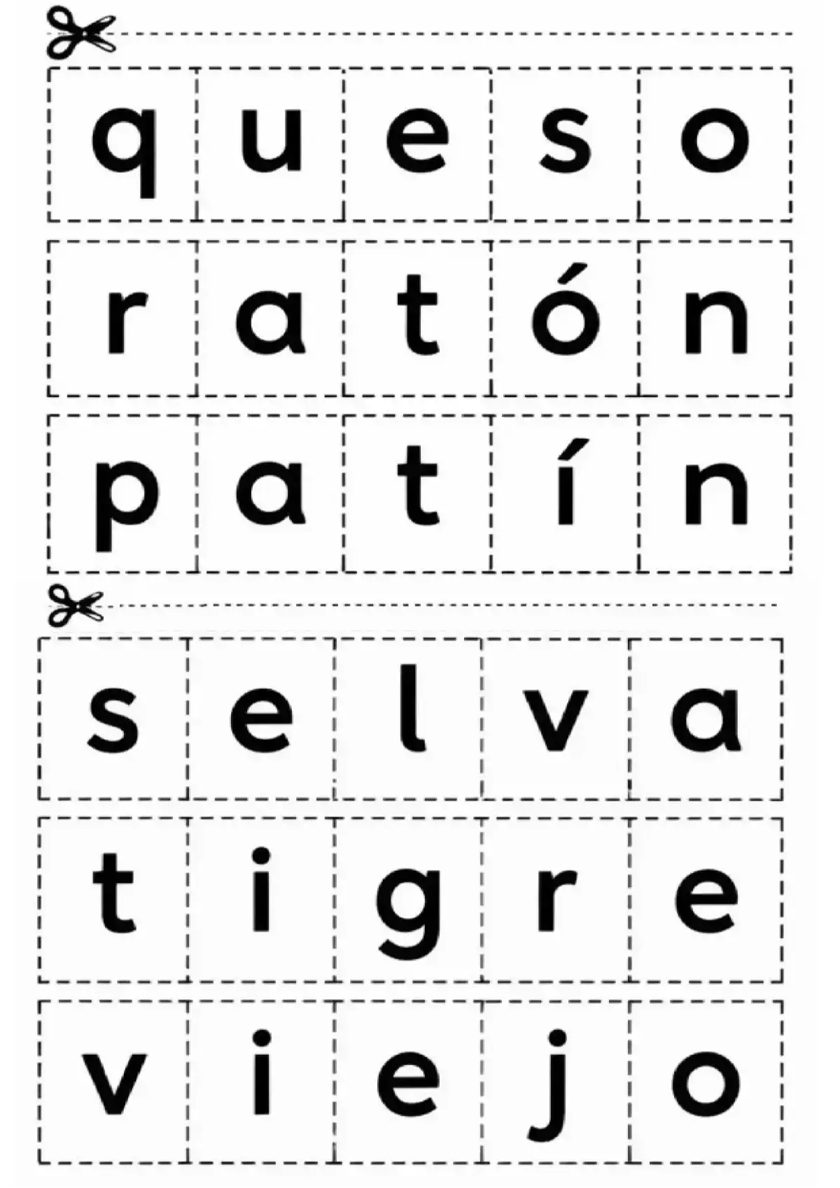 Letras móviles recortables para formar las palabras  patín, queso, ratón, selva, tigre y viejo
