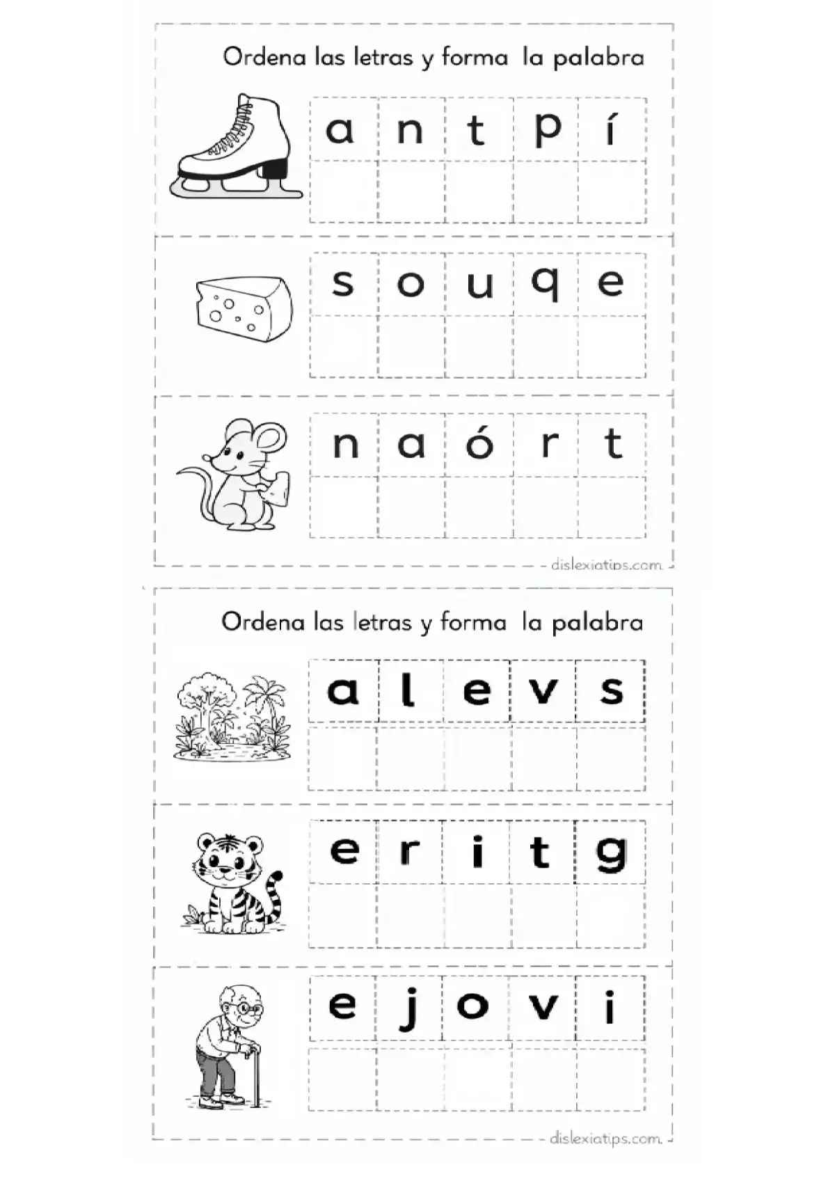 Actividad para ordenar letras desordenadas y escribir patín, queso, ratón, selva, tigre y viejo
