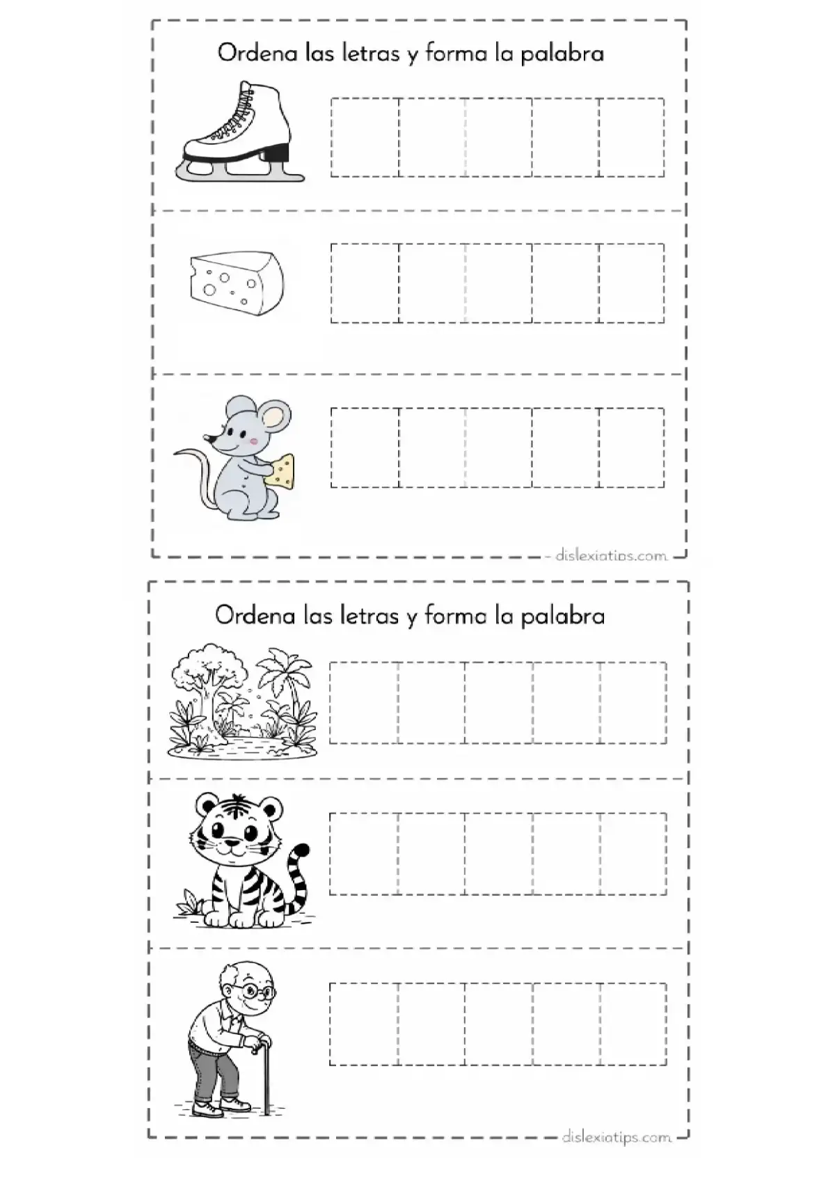 Ficha para ordenar letras con imágenes de patín, queso,  ratón, selva, tigre y viejo en casillas vacías