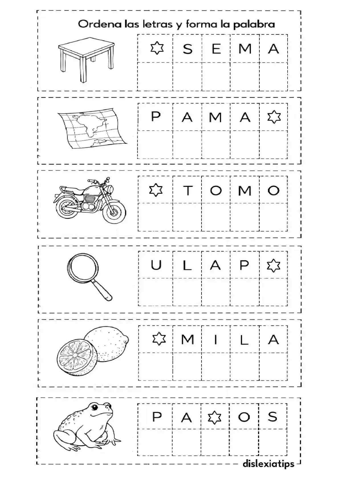 Actividad para ordenar letras desordenadas y escribir mesa, mapa, moto, lupa,lima, sapo